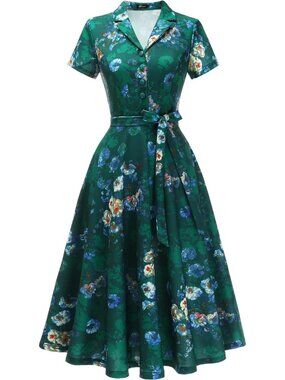 Wedtrend Women's Short Sleeve Cocktail Party Work Church Dress -Green Flower